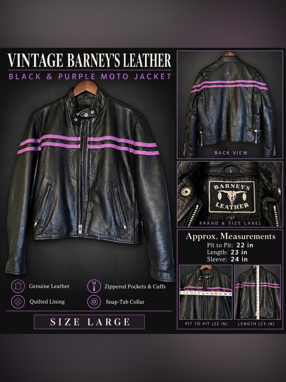 Barneys New York Black Leather Moto Jacket with Purple Stripes